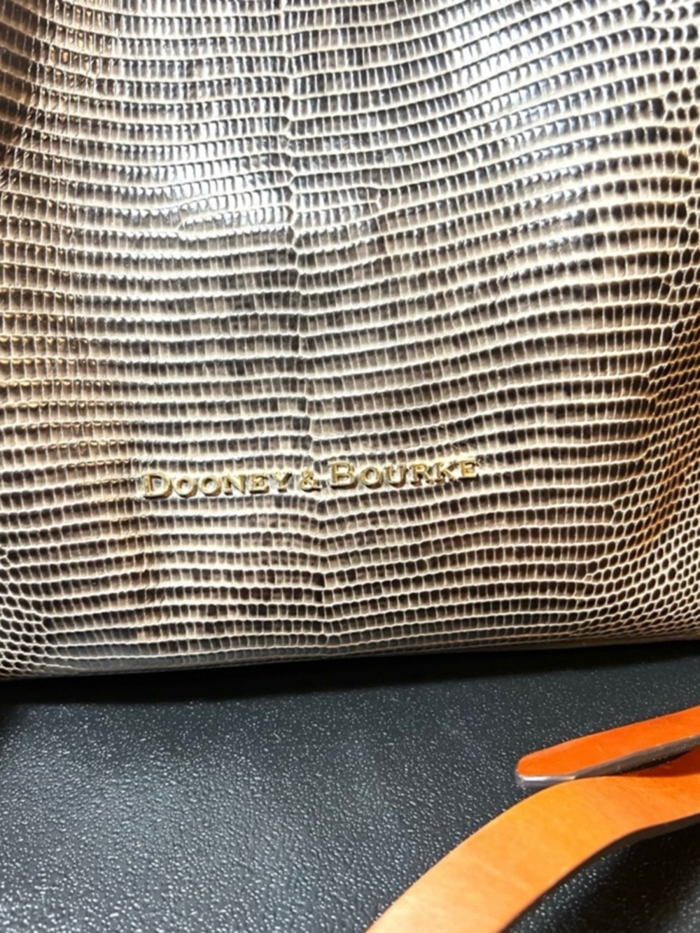 Dooney & Bourke Lizard Embossed Leather Satchel Brown Tan Crossbody - Picture 3 of 14